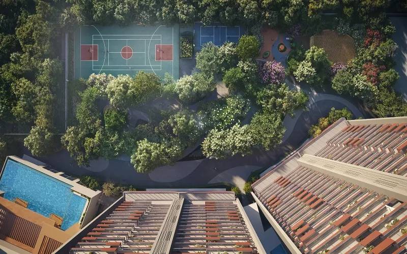 Top View Amenities Deck Pool and Sports Court