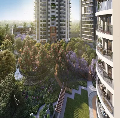 Modern residential towers with landscaped garden and walking paths